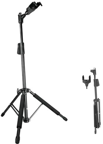 AROMA Gitarrenständer für Akustik, E und Klassikgitarren Bodenständer Faltbar mit Auto Lock Halsstütze, Stabiler Dreifuß, Ein Knopf Höhenverstellung