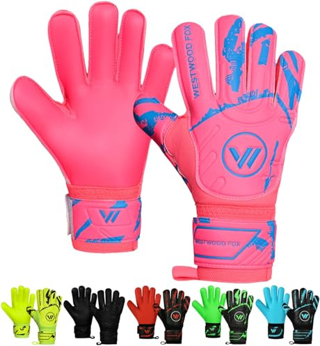 WESTWOOD FOX Guantes de portero, protección de dedos, guantes de portero de fútbol para niños, jóvenes, adultos, palma de agarre pesado con látex Dumbo de 4 + 3 mm, soporte de muñeca (rosa y blanco