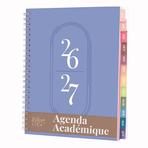 Rileys Akademiska Planerare 2026-2027, Daglig, Vecko- & Månadsplanerare, juli 2026 - juni 2027, Studentanteckningar, Tvillingtrådbindning, Veckoagenda för Skola & Arbete (20 x 15 cm, Blå, Franska)