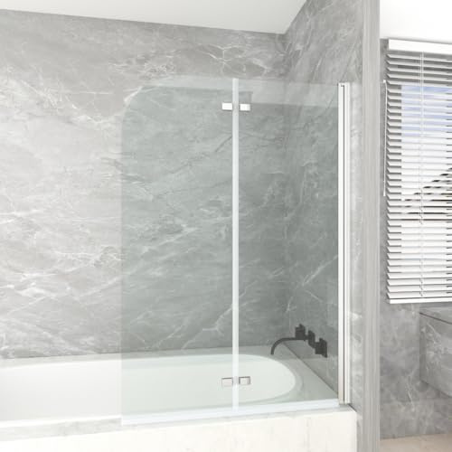 T&K Duschwand für Badewanne 100x140cm Chrom, 2 teilig Faltbar Glas Badewannenwand 5mm Gehärtetes Sicherheitsglas Beidseitig Leicht Zu Reinigen Badewannenaufsatz Duschabtrennung für Badewanne