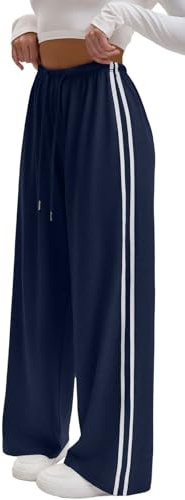 WINKEEY Pantalon de Jogging Femme Droit Fluide avec Bandes Latérales Pantalon de Survêtement Taille Haute avec Poches Idéal Sport Course Loungewear, Bleu XL