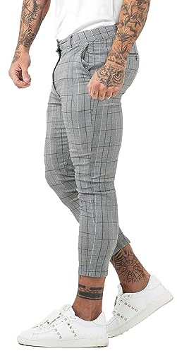 GINGTTO Pantalones Elásticos Formales Hombre Chino Slim Fit Cuadros Ajustados Pantalon Gris 36