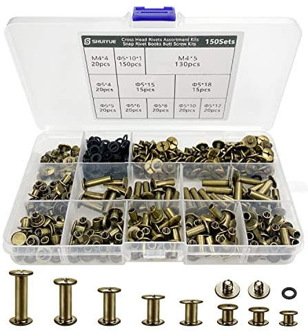 150 Sets Chicago Binding Screws Assorted Kit, Leather Rivets Kit, 8 Sizes | Flat Head Screw Rivets Buttons,Book Binding Screws & Posts for DIY Leather,Book,Photo Album, Bronze