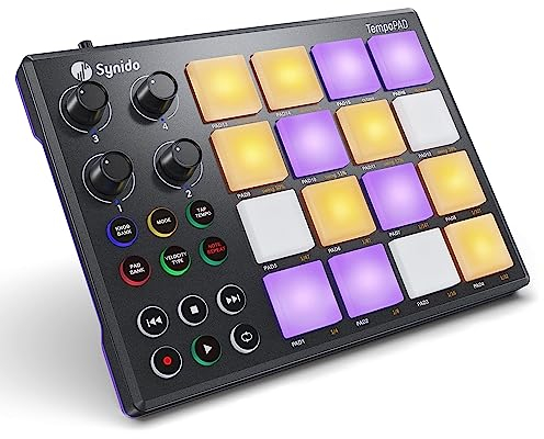 Synido Beat Maker Machine mit 16 RGB Backlit Beat Pads, TempoPAD USB Portable MIDI Drum Pad Controller, 4 zuweisbare Regler, für Anfänger Musikproduktion, Schwarz
