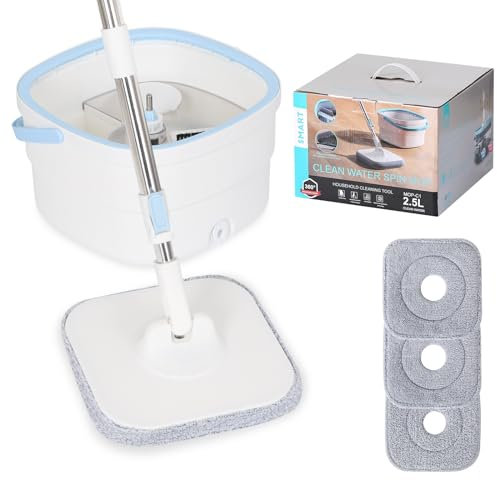 Trapeador Giratorio y Cubo, fregona y Cubo con escurridor para el hogar con fregonas separadas de Agua Sucia y Limpia para Limpieza de Suelos, Azulejos laminados de Madera Dura (3 Almohadillas de