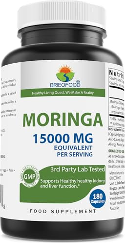 Brieofood Moringa Oleifera Extract 10:1 1500 mg - 180 Capsules - Non-GMO and Gluten Free Supplement - Moringa Leaf Green Superfood