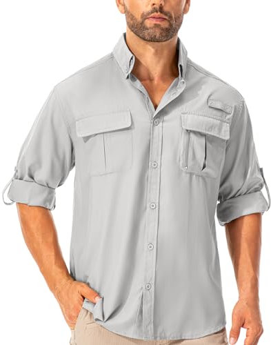 Asfixiado Safari UPF50+ Chemise de randonnée à manches longues pour homme Protection UV Respirant Séchage rapide Décontracté Bouton Down Shirts, gris, L