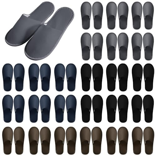 LYCN 24 Pairs Non Slip Disposable Slippers, Closed Toe Hotel Spa Slippers for Hotel Guest Family Women Man Travel Party Housewarming (Navy Blue, Gray, Brown, Black)