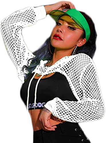 Avidlove Damfisknät, långärmad crop top sweatshirt med huva, vit, L, Vit, L