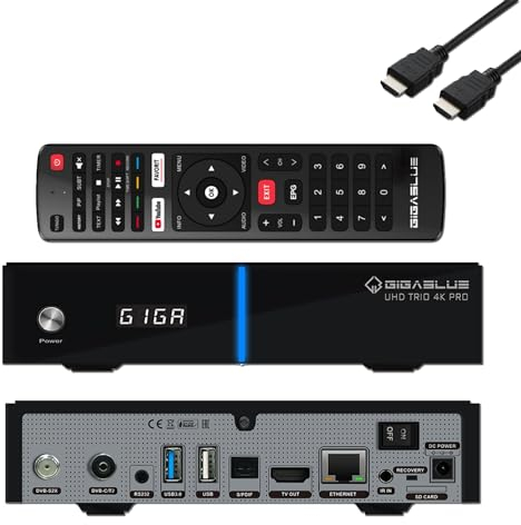 GigaBlue UHD Trio 4K Pro - 1xDVB-S2X MS + 1xDVB-C/T2 Combo Receiver for Sat, Cable/T2 Signal, E2 Linux TV Box, Media Playing, PVR Function, 1200Mbps WiFi, HTS e-com HDMI Cable