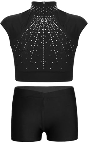 iEFiEL 2 Pezzi Set da Pattinaggio Artistico per Bambina Ragazza Tuta da Ginnastica senza Manica Crop Top con Strass Pantaloncini Elasticizzati Performance Dancewear Nero 11-12 anni