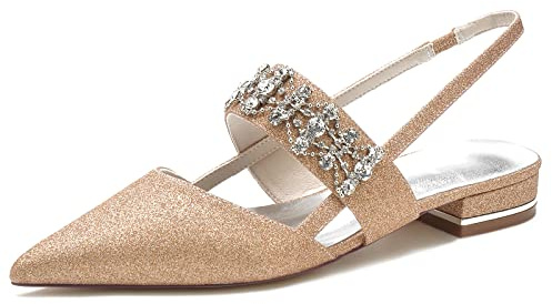 Pointed Toe Flats Slingback Diamante Slip On Office Dress Shoes Comfy Ballerina Dress Pumps Cute Shoes,Gold,6 UK