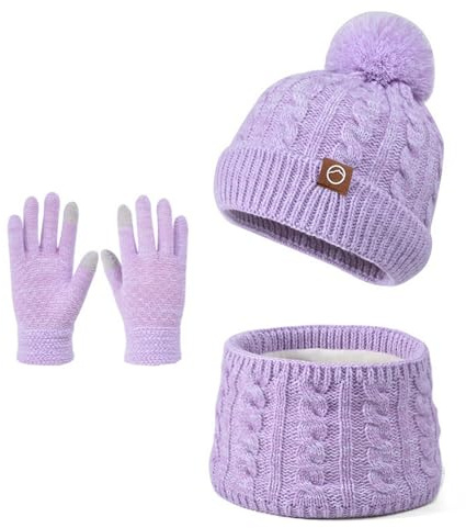 BESTORI 3 en 1 Ensemble Bonnet-Echarpe-Gants pour Enfant Hiver Gants à Écran Tactile Bonnet Enfant avec Pompon Tour de Cou pour 4 à 10 ans Garçons Filles, Violet 01
