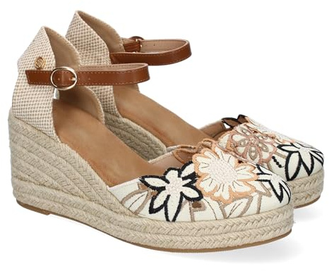 90139 Sandalias Valencianas de Cuna para Mujer con Diseno de Flores, Adornos Bordados y Cierre de Hebilla, Comodas, Ideales para Dias de Verano. Camel Talla 39