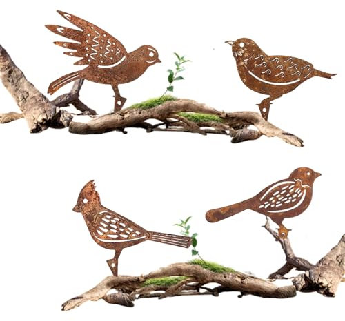 LUMOOM 4er Oiseau en Métal À Effet Rouillé, Déco De Jardin, Piquet pour Extérieur, Oiseaux Rouillés Décoratifs, Piquet De Jardin Rouillé, Figurines pour Arbres, Clôtures en Bois, Terrasse (Oiseau B)