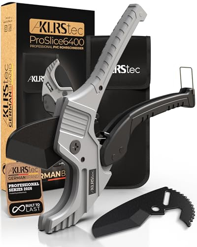 KLRStec Juego de cortador de tubos de PVC profesional ProSlice 6400 (64 mm/2-1/2) Cortador Profesional con Carraca para PVC, PE, PP – Incluye Cuchilla de Repuesto y Funda Nylon con Clip