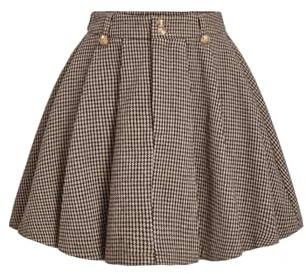 MakeMeChic Women's Houndstooth Plaid Pleated Mini Skirt A Line Y2K Preppy Skirts Coffee Brown Large