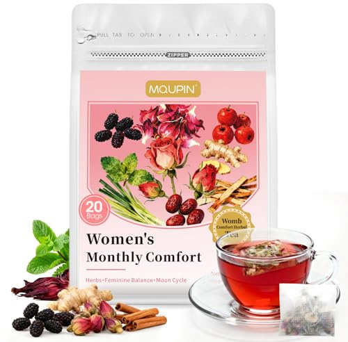 Soothing Herbal Tea for Menstrual Comfort & Relaxation - Caffeine-Free Blend with Hibiscus, Ginger & Rose - 20 Individually Wrapped Tea Bags - Gift for Women