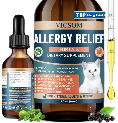 Liquid Allergy Support for Cats, Cat Itchy Skin Support for Paws, Eyes, Ears, Stop Licking & Scratching, Calms Dry Skin, Digestive Comfort & Daily Skin Care for Cats, Chicken Flavor- 60ml