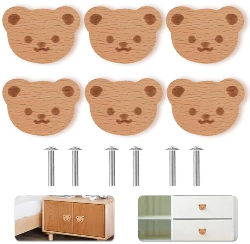 HuaMuDM Poignées de Meubles Pour Animaux,6 Pièces Boutons de Tiroir en Bois Massif,Poignee de Meuble Cuisine,Bouton de Porte de Placard,Poignée de Tiroir Avec Vis,Commode Enfant (C)