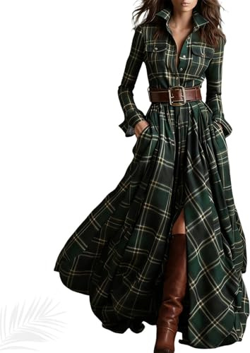 Maxi abito da donna a maniche lunghe, con bottoni sul davanti, scollo a V, risvolto e bottoni, orlo asimmetrico, a quadri, maxi abito a camicia, Verde, L