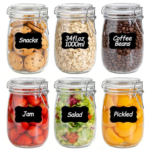 KTMAMA 34oz 6 Pack Glass Jars with Airtight Lids - Round Food Storage Canisters for Pantry Organization, Ideal for Sugar, Cookies, Candy, Coffee, Nuts & Dry Goods | Thick Glass,BPA-Free