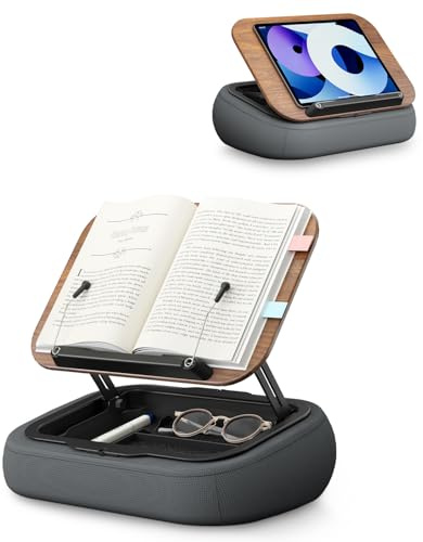 SupeDesk Soporte para libros para leer, soporte de lectura ajustable para sofá, cama, escritorio, cojín de lectura suave con clip lateral y espacio de almacenamiento, plegable, manos libres, esencial
