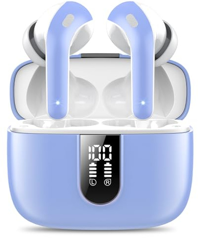 Ecouteurs Bluetooth sans Fil, Écouteurs Bluetooth 5.3, 50 Hrs Contrôle Tactile, 4 ENC Appel Réduction Antibruit Mic, Basses Profondes, Ajustement Confortable, IP7 Étanche Casque（Bleu Classique