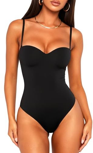 OZICERD Women Sexy Sweetheart Neck Cami Bodysuit Built in Bra Sleeveless Spaghetti Strap Tank Tops Body Suit Going out Black S