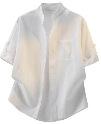 Camisa de Hombre-Camisa Ligera de Manga Corta para Hombre Mezcla Lino Color Corte Relajado Transpirable Cómoda Uso Diario