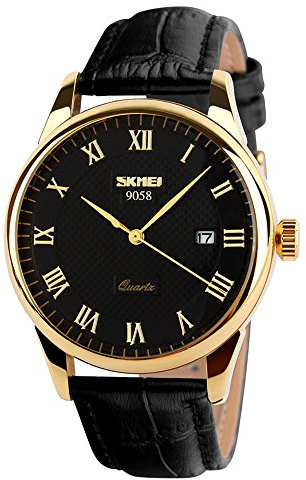SKMEI Business Men’s Quartz Wristwatches Roman Numeral Leather Band Casual Water Resist Analog Watches, Black+Gold, Business