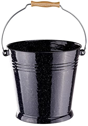 Emaille Kamin Ascheeimer Kohleneimer Eimer Deko Landhaus 10 L schwarz emailliert mit Holz Henkel