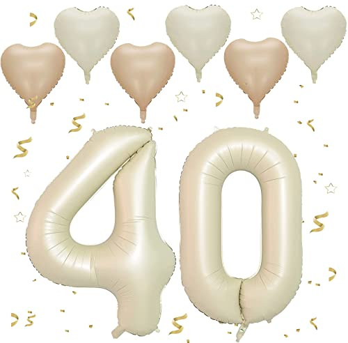 Color Crema Número 40 Globos, 40 Pulgadas Papel Aluminio Grande Número 0 y 4, Helio Para Cumpleaños de Hombres Mujeres Fiesta Aniversario (Nummer 40)