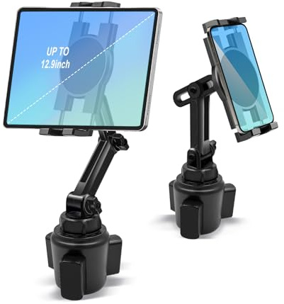 Cup Holder Car Tablet Mount, 360° Adjustable 2-Arm Stand Holder for iPad Pro 12.9/11/10.5/9.7/Air/Mini 6/5/4, Galaxy Tab/Z Fold 6/5, Amazon Fire HD, iPhone 16/15/14/Pro, 4.7-12.9 Tab & Phone