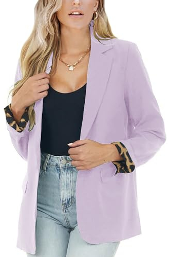 PRETTODAY Damen Casual Blazer Leopard Print Open Front Langarm Arbeit Büro Jacken Blazer mit Taschen, Flieder, S