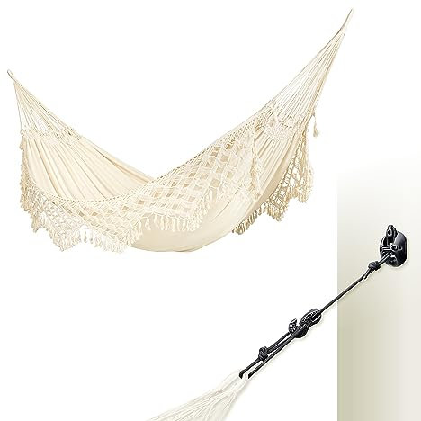 LA SIESTA® Bossanova Bio-Baumwoll Hängematte & Multizweck-Befestigung für Wände Decken & Quadratische Balken - Balkon Indoor Outdoor Hängematte, 2 Personen Makramee Boho Hängematte - Kingsize, Latte