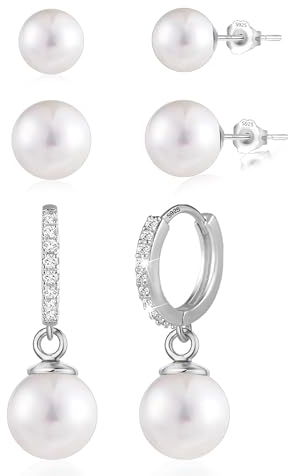 ASH'S CHOICE 925 Sterling Silber Ohrstecker Set - 3 Paar Perlen Creolen mit Anhänger, rosa, lila und weiße Perlenohrringe hängend