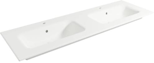 Saqu Fluente DoppelWaschbecken mit 2 Armaturenlöchern 141x46x1 cm - Glänzend Weiß - Waschbecken für Unterschrank, Waschtisch für Badmöbel Set