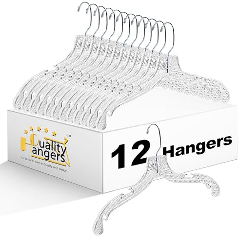 Quality Hangers 12 Pack Crystal Clear Plastic Hangers with Easy Swivel 360 Degree Hook Slim Crystal Coat Hangers 17 Inches (12, 17)