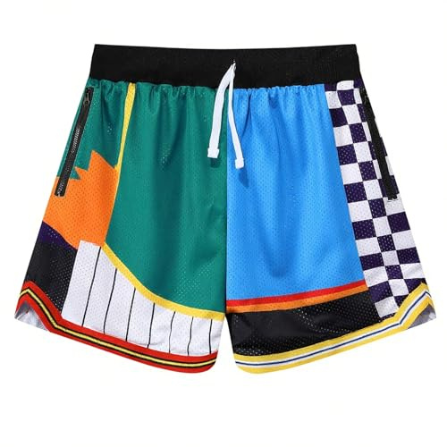 ZACAGO Pantalones Cortos de Baloncesto Retro para Hombre, de Malla, Ligeros, para Gimnasio, Deportes, atléticos, con cordón, Colorido Azul, Large