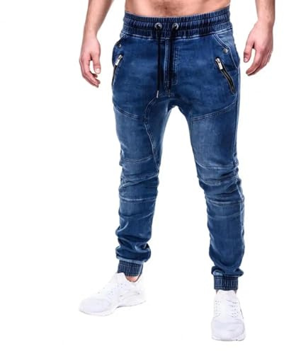 FULUJIDI Jeans Vaqueros Pantalones Vaqueros para Montar Al Aire Libre para Hombre Ajustados Pantalones De Mezclilla con Bolsillos A La Moda Pantalones De Mezclilla con Tobillos Atados L Azul