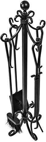 SnamicE Set di 5 attrezzi per caminetto in ferro battuto, accessori per caminetto, con manici, per caminetto interno e braciere esterno