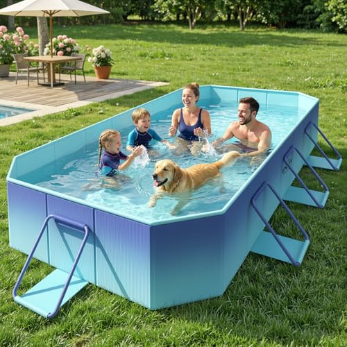 HeySplash Foldable Pool, Non-Inflatable Swimming Pool with Rigid Puncture-Proof Hard Composite Board, Kiddie Pool Outdoor Pool, Adults & Kids Pool for Backyard Garden Dog Pool 114×70×19, Ice Blue