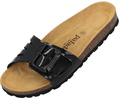 Palado Pantoletten Damen Malta EGS Vent – bequeme Sandalen Made in Spain - Hausschuhe mit dämpfendem Kork-Fußbett - elegante Sommerschuhe Schwarz Lack UK7 - EU40