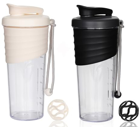 OUOUMUF 2 Stück Protein Shaker mit Tritan Rührball eiweiss shaker für proteinshakes- für super cremige Fitness Eiweiß Shaker,Proteinshaker 700ml (Schwarz und Weiß)