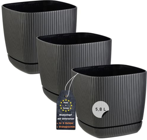 Engelland - 3 x Blumentopf mit Drainagesystem, Untersetzer, Farbe: Schwarz, Rillenoptik, Pflanz-Topf, Kübel, modern, Kunststoff, quadratisch, 21 x 21 cm, 5,8 Liter