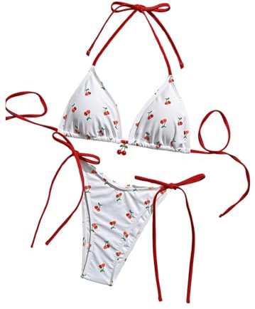 GORGLITTER Women's Cherry Print Halter Tie 2 Piece Bikini Swimsuits Triangle Tie Side Thong Swimwear Red and White Medium