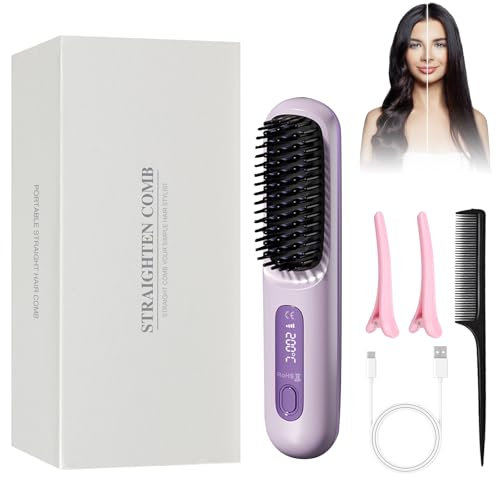 HASAIKA® Kabellose Haarglätterbürste, Ionen Glättbürste, Tragbare Mini-Haarglätterbürste, 140°C-200°C 3 Temperatureinstellungen Mit LED-Anzeige, Ideal für Reisen und den täglichen Gebrauch (lila)