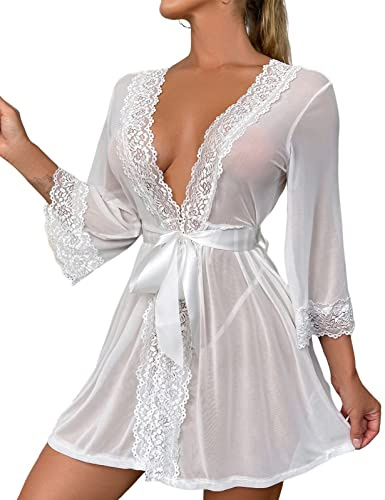 Tuopuda Conjunto de Lencería Sexy para Mujer Hot Vestido de Dormir con G-String Transparente Albornoces Babydoll de Malla Camisón de Novia Pijama de Encaje Ropa de Dormir Kimono, Blanco, XXL