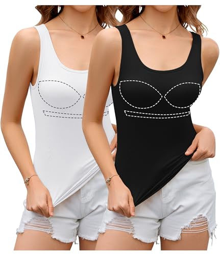 Livonmone - Débardeur d'été pour femme avec soutien-gorge intégré, sans manches, idéal pour yoga et entraînement, Blanc + noir., M